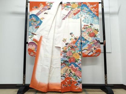 平和屋着物●豪華振袖　型染め　草花文　暈し染め　正絹　逸品　CABH3758th
