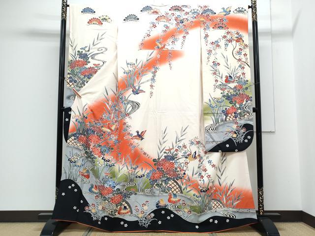 平和屋着物●豪華振袖　型染め　流水籬草花文　暈し染め　正絹　逸品　CABH3759th