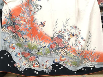 平和屋着物●豪華振袖　型染め　流水籬草花文　暈し染め　正絹　逸品　CABH3759th