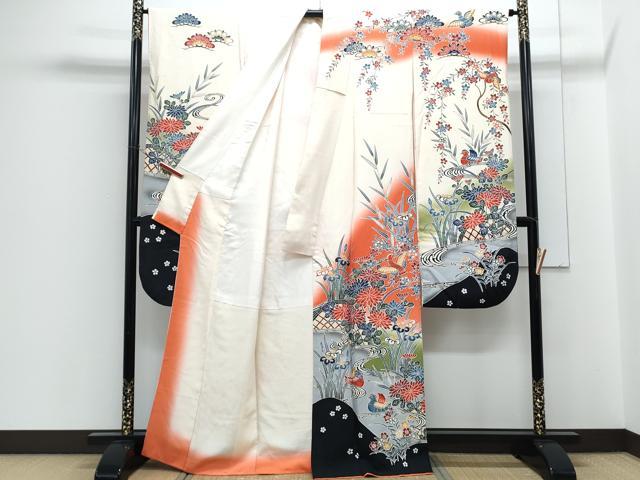 平和屋着物●豪華振袖　型染め　流水籬草花文　暈し染め　正絹　逸品　CABH3759th