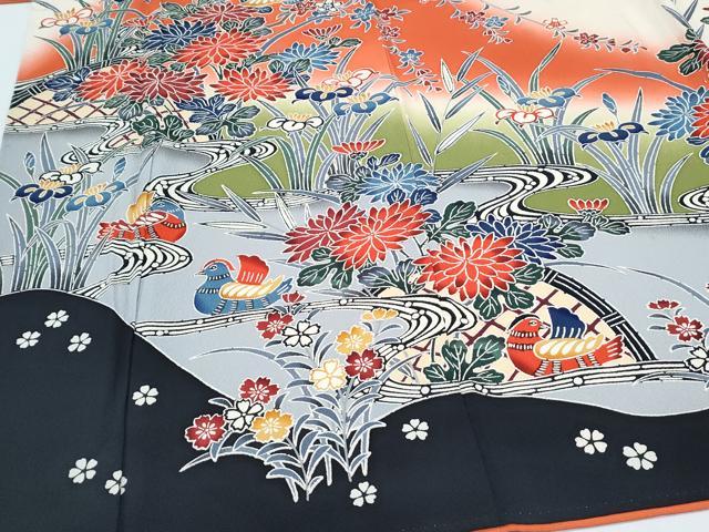 平和屋着物●豪華振袖　型染め　流水籬草花文　暈し染め　正絹　逸品　CABH3759th