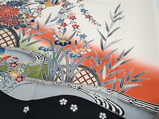 平和屋着物●豪華振袖　型染め　流水籬草花文　暈し染め　正絹　逸品　CABH3759th