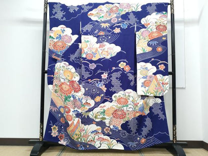 平和屋着物●豪華振袖　型染め　流水花文　鬼しぼ縮緬　正絹　逸品　CABH3760th