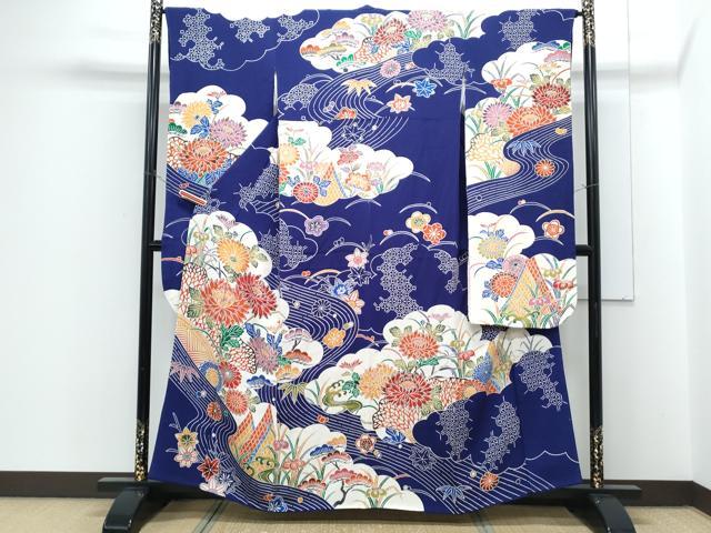 平和屋着物●豪華振袖　型染め　流水花文　鬼しぼ縮緬　正絹　逸品　CABH3760th