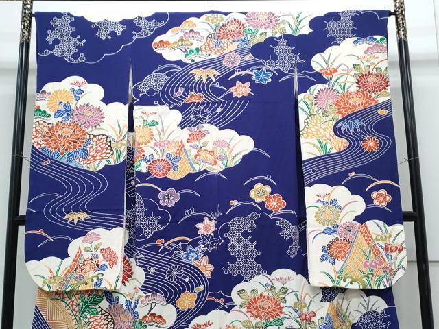 平和屋着物●豪華振袖　型染め　流水花文　鬼しぼ縮緬　正絹　逸品　CABH3760th