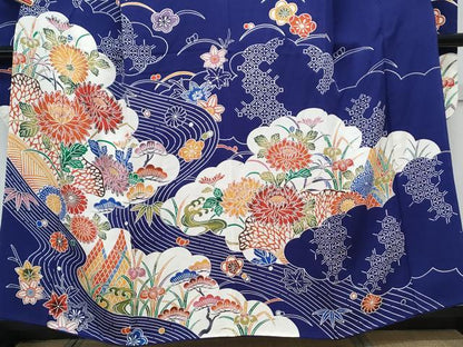 平和屋着物●豪華振袖　型染め　流水花文　鬼しぼ縮緬　正絹　逸品　CABH3760th