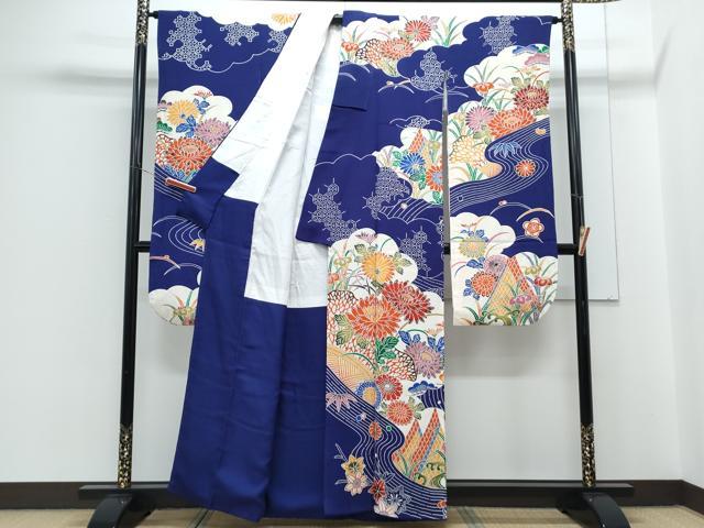 平和屋着物●豪華振袖　型染め　流水花文　鬼しぼ縮緬　正絹　逸品　CABH3760th
