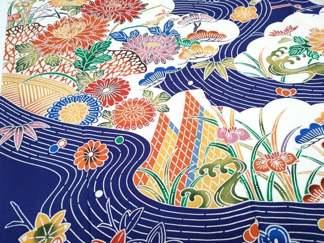 平和屋着物●豪華振袖　型染め　流水花文　鬼しぼ縮緬　正絹　逸品　CABH3760th