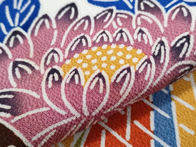 平和屋着物●豪華振袖　型染め　流水花文　鬼しぼ縮緬　正絹　逸品　CABH3760th