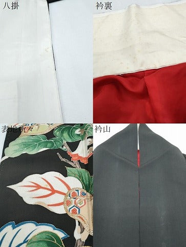 平和屋着物●アンティーク　大正ロマン　黒留袖　駒刺繍　草花文　金彩　正絹　逸品　CABH3761th