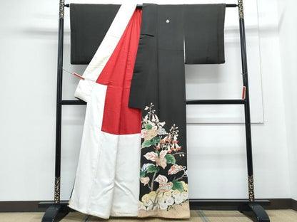 平和屋着物●アンティーク　大正ロマン　黒留袖　駒刺繍　草花文　金彩　正絹　逸品　CABH3761th
