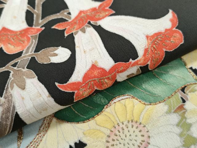 平和屋着物●アンティーク　大正ロマン　黒留袖　駒刺繍　草花文　金彩　正絹　逸品　CABH3761th