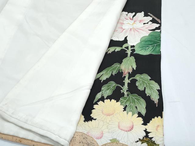 平和屋着物●アンティーク　大正ロマン　黒留袖　駒刺繍　草花文　金彩　正絹　逸品　CABH3761th