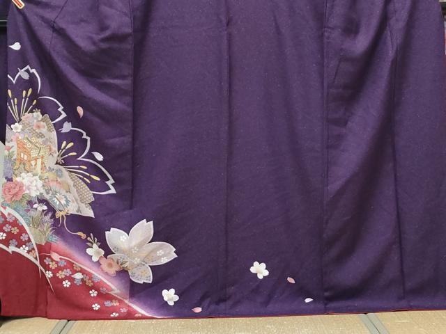 平和屋着物●豪華振袖・長襦袢セット　御所車花文　暈し染め　銀通し地　半衿刺繍　正絹　逸品　CABH3771th