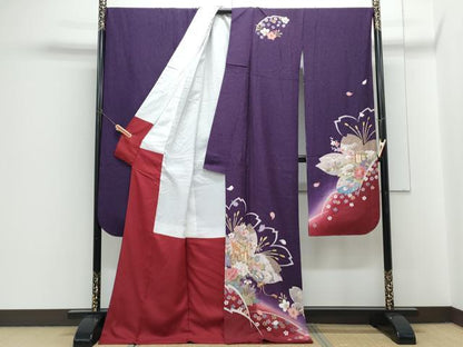 平和屋着物●豪華振袖・長襦袢セット　御所車花文　暈し染め　銀通し地　半衿刺繍　正絹　逸品　CABH3771th