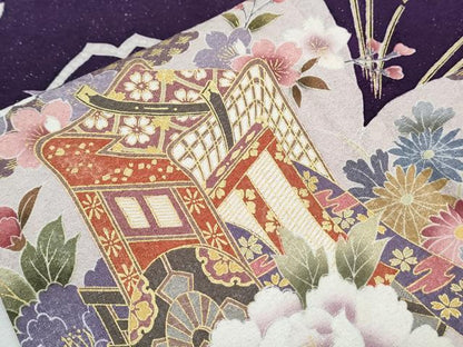 平和屋着物●豪華振袖・長襦袢セット　御所車花文　暈し染め　銀通し地　半衿刺繍　正絹　逸品　CABH3771th