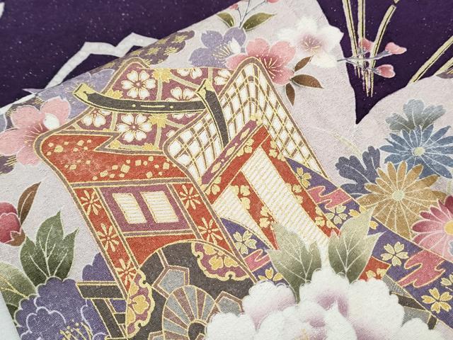平和屋着物●豪華振袖・長襦袢セット　御所車花文　暈し染め　銀通し地　半衿刺繍　正絹　逸品　CABH3771th