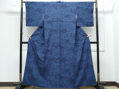平和屋着物●上質な小紋　藍　型染め　雲重ね草花文　正絹　逸品　CABH3783th