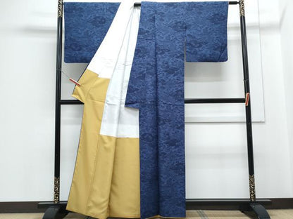 平和屋着物●上質な小紋　藍　型染め　雲重ね草花文　正絹　逸品　CABH3783th