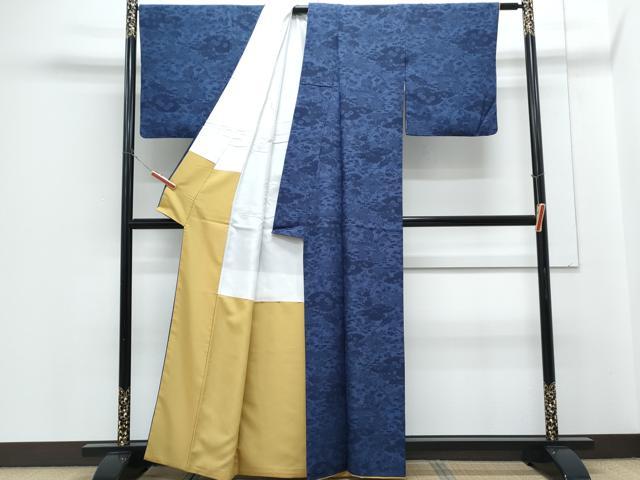 平和屋着物●上質な小紋　藍　型染め　雲重ね草花文　正絹　逸品　CABH3783th