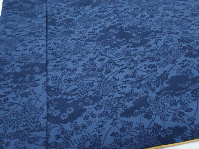 平和屋着物●上質な小紋　藍　型染め　雲重ね草花文　正絹　逸品　CABH3783th
