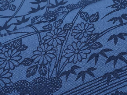 平和屋着物●上質な小紋　藍　型染め　雲重ね草花文　正絹　逸品　CABH3783th