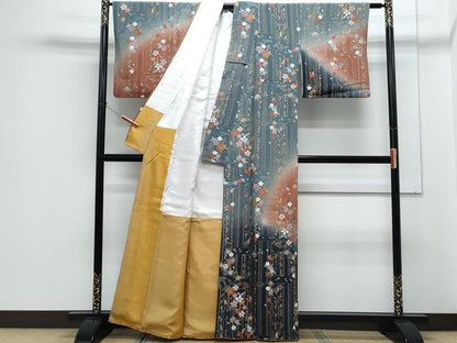 平和屋着物●訪問着　草花文　暈し染め　金彩　鬼しぼ縮緬　正絹　逸品　CABH3784th
