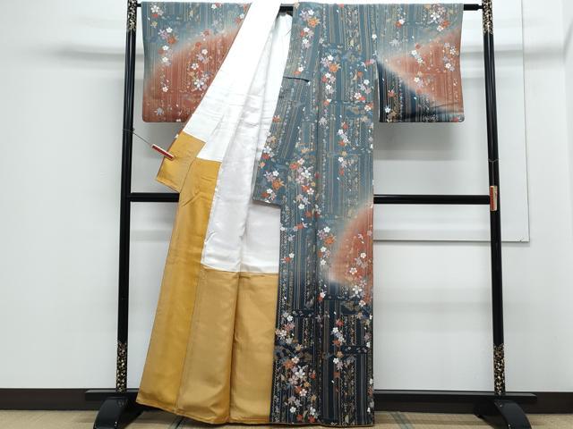 平和屋着物●訪問着　草花文　暈し染め　金彩　鬼しぼ縮緬　正絹　逸品　CABH3784th