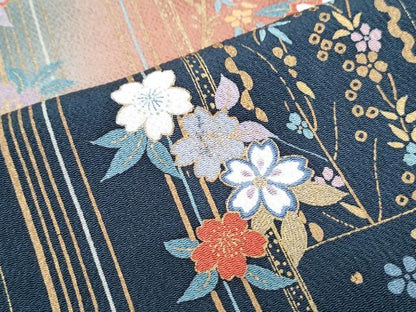 平和屋着物●訪問着　草花文　暈し染め　金彩　鬼しぼ縮緬　正絹　逸品　CABH3784th