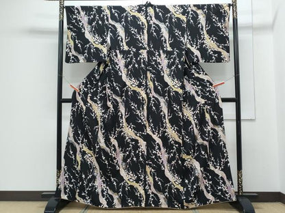 平和屋着物●上質な小紋　道長枝花文　黒地　金銀彩　正絹　逸品　CABH3796th