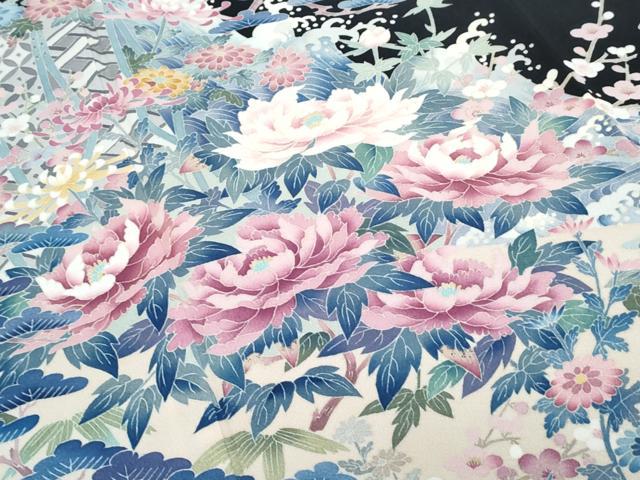 平和屋着物●本加賀友禅作家　染元千紅代表　寺西一紘　黒留袖　草花文　正絹　逸品　CABH3804th