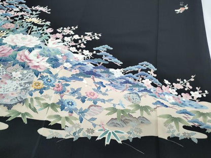 平和屋着物●本加賀友禅作家　染元千紅代表　寺西一紘　黒留袖　草花文　正絹　逸品　CABH3804th