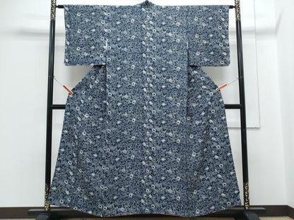 平和屋着物●上質な小紋　型染め　花唐草文　鬼しぼ縮緬　正絹　逸品　CABH3807th