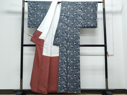 平和屋着物●上質な小紋　型染め　花唐草文　鬼しぼ縮緬　正絹　逸品　CABH3807th