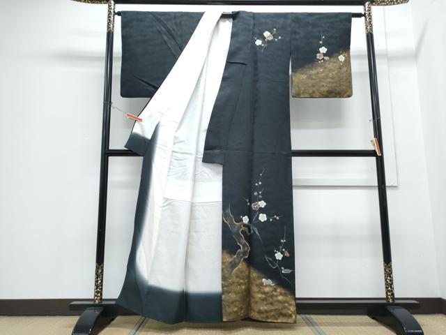 平和屋着物●訪問着　鴛鴦枝梅文　暈し染め　黒地　金彩　正絹　逸品　CABH3820th