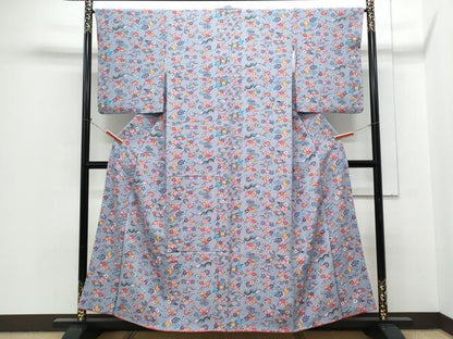平和屋着物●上質な小紋　花蝶文　鬼しぼ縮緬　正絹　逸品　CABH3830th