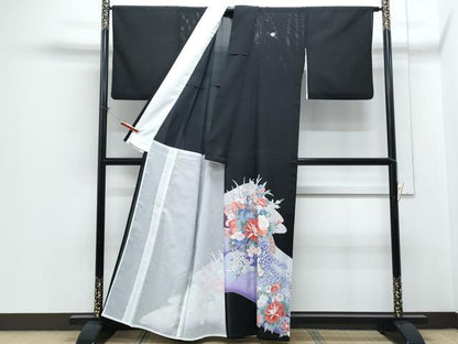 平和屋着物＊夏物　黒留袖　絽　孔雀花文　銀彩　洗える着物　CABH3831th