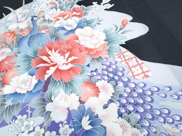 平和屋着物＊夏物　黒留袖　絽　孔雀花文　銀彩　洗える着物　CABH3831th
