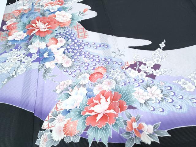 平和屋着物＊夏物　黒留袖　絽　孔雀花文　銀彩　洗える着物　CABH3831th