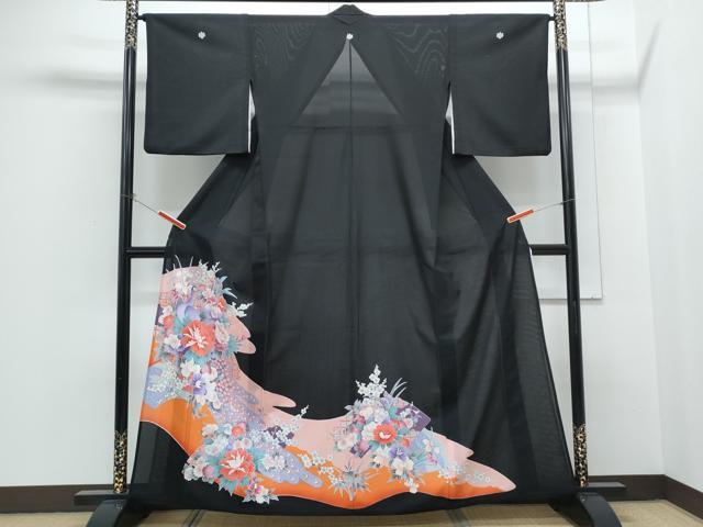 平和屋着物＊夏物　黒留袖　絽　孔雀花文　銀彩　洗える着物　CABH3835th