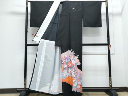 平和屋着物＊夏物　黒留袖　絽　孔雀花文　銀彩　洗える着物　CABH3835th