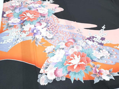 平和屋着物＊夏物　黒留袖　絽　孔雀花文　銀彩　洗える着物　CABH3835th