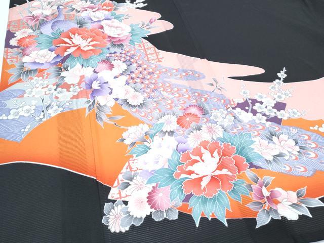 平和屋着物＊夏物　黒留袖　絽　孔雀花文　銀彩　洗える着物　CABH3835th