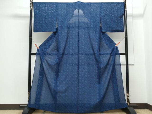 平和屋着物＊夏物　小紋　絽　藍　型染め　舞蝶文　正絹　逸品　CABH3838th