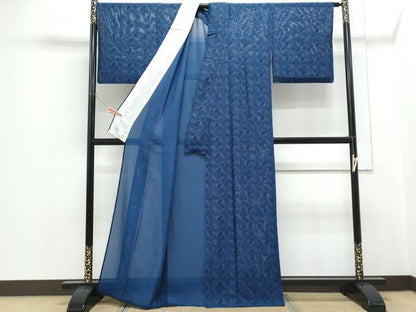 平和屋着物＊夏物　小紋　絽　藍　型染め　舞蝶文　正絹　逸品　CABH3838th
