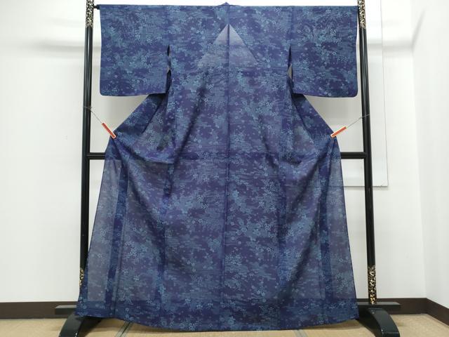 平和屋着物＊夏物　小紋　絽　型染め　流水花文　正絹　逸品　CABH3841th