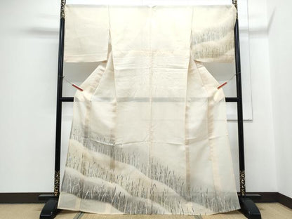 平和屋着物＊夏物　訪問着　紗紬　草葉文　銀彩　正絹　逸品　CABH3864th