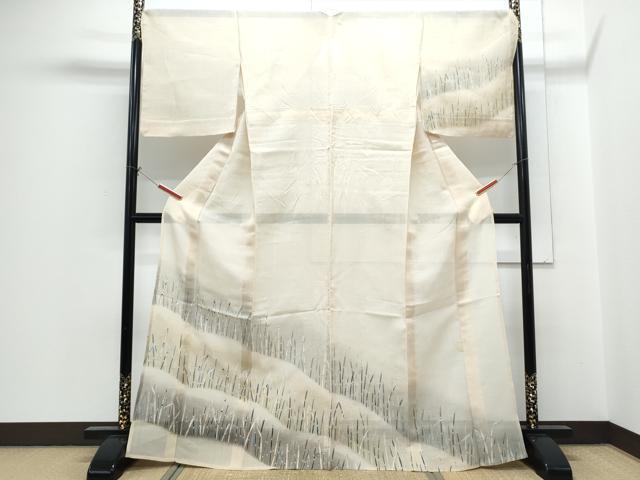 平和屋着物＊夏物　訪問着　紗紬　草葉文　銀彩　正絹　逸品　CABH3864th