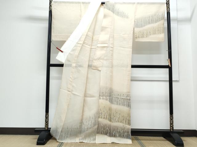 平和屋着物＊夏物　訪問着　紗紬　草葉文　銀彩　正絹　逸品　CABH3864th