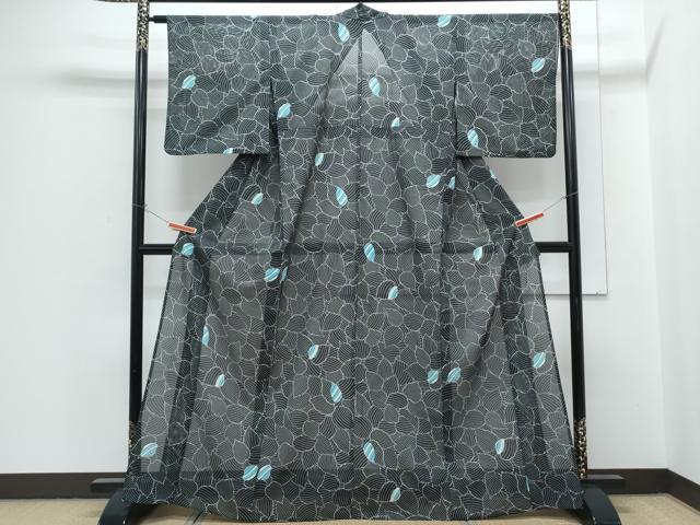 平和屋着物＊夏物　小紋　絽　葉尽くし　黒地　洗える着物　CABH3866th